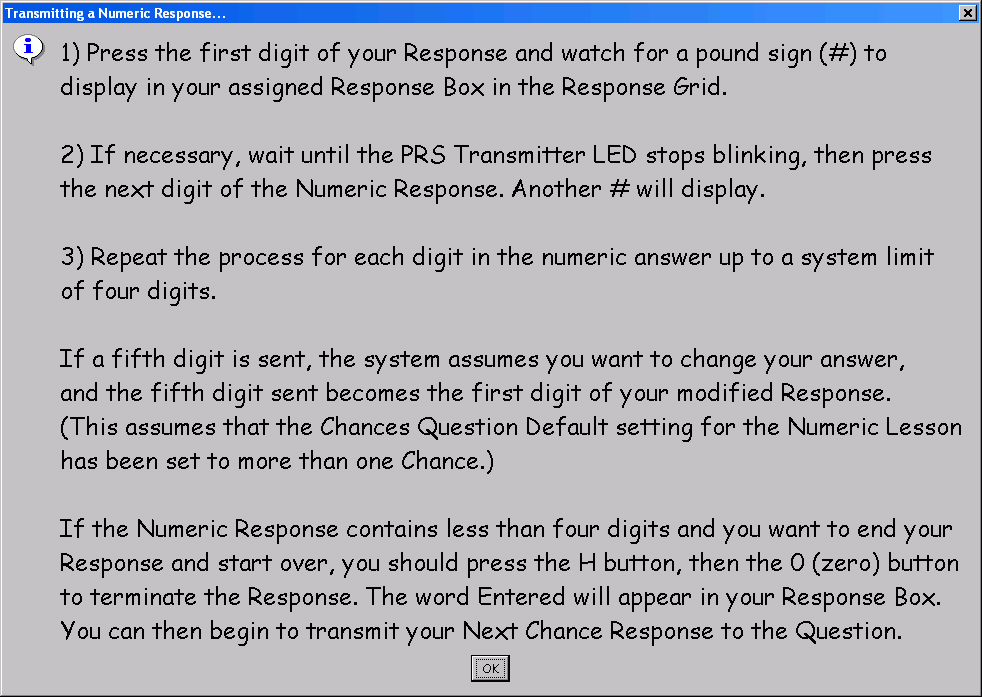 PRS Transmitter operation instructions for a Lesson with numeric Responses