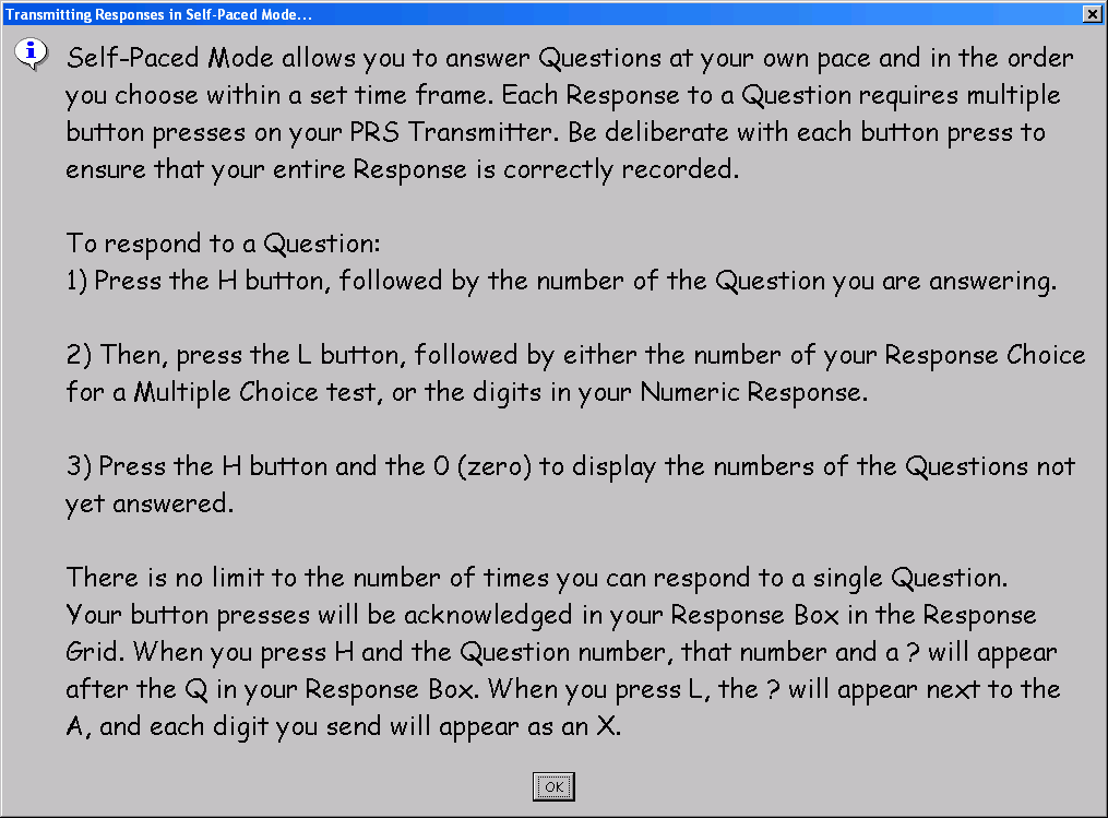 PRS Transmitter operation instructions for a Self-Paced Session
