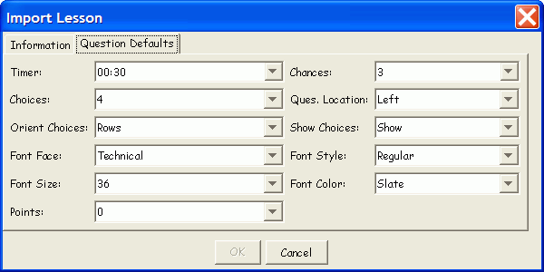 The Import Lesson dialog, Question Defaults tab