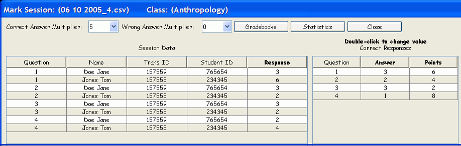 Mark Session dialog, left half