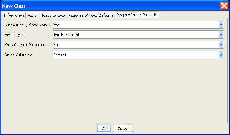 Settings Options for the Response Window Defaults in a New Class Definition