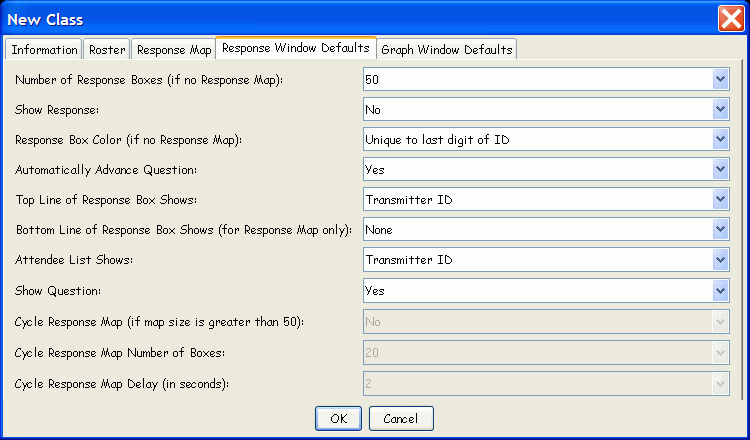 Default Settings Options for the Session Response Window