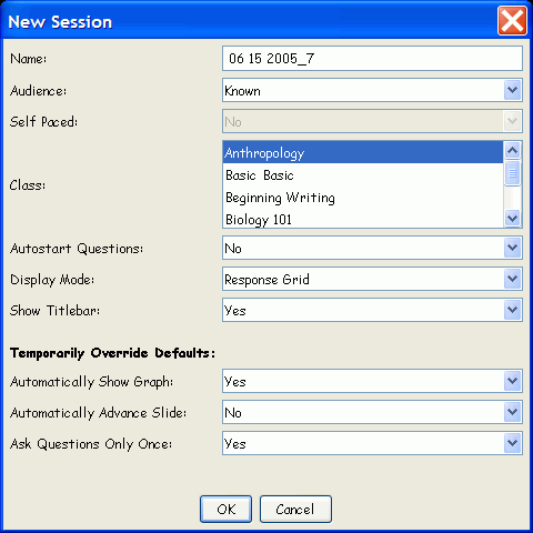 The New Session dialog for PRS PowerPoint Sessions