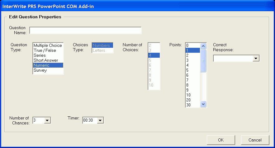 The Numeric Question Type dialog
