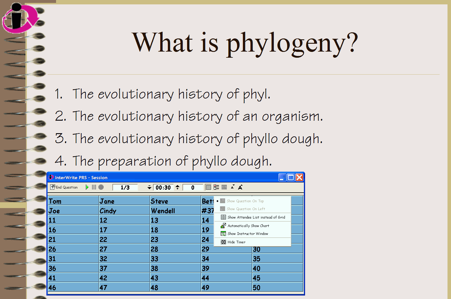 A sample PRS PowerPoint Question Slide with the Session dialog displayed