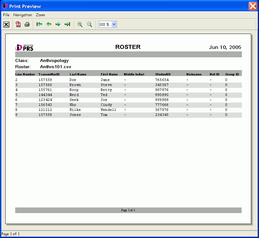 Sample Class Roster Report in the Print Preview window