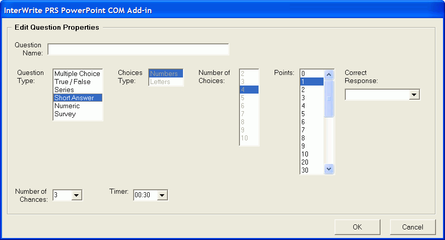 The Short Answer Question Type dialog