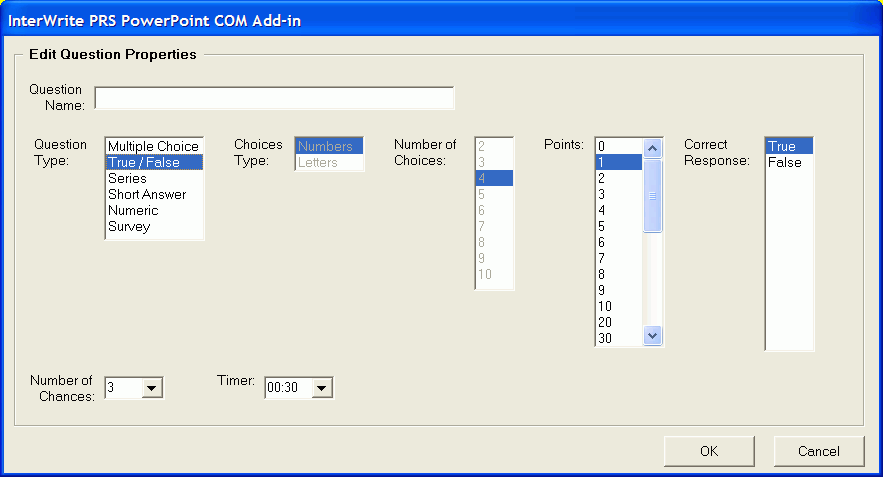 The True/False Question Type dialog