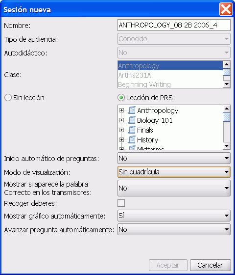 El diálogo Sesión nueva para una clase de RF