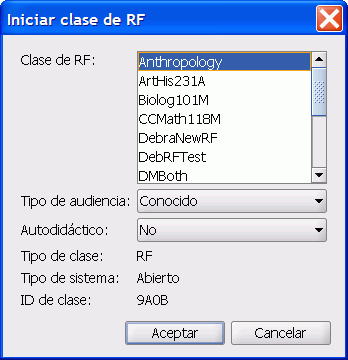 El diálogo Iniciar clase de RF