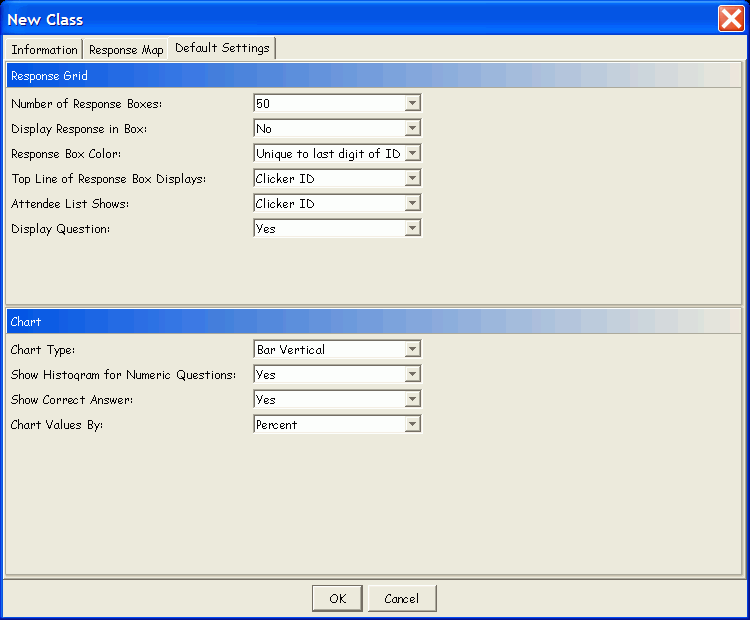 The New Class Default Settings Tab dialog