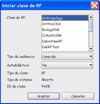 El dilogo Iniciar clase de RF