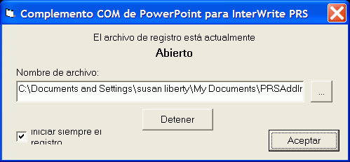 El dilogo Registro del complemento de PRS