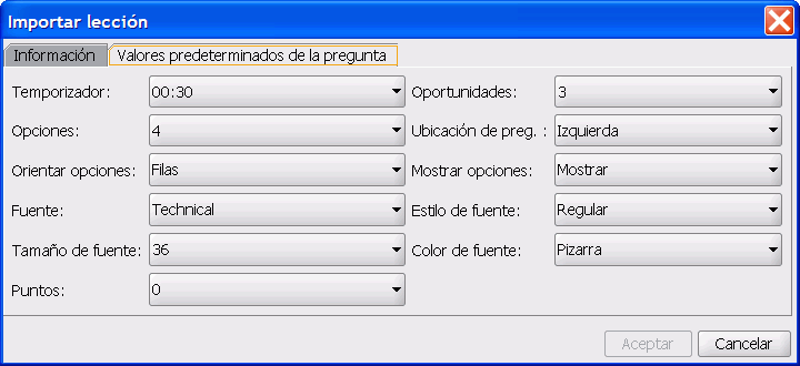 El dilogo Importar leccin, pestaa Valores predeterminados de la pregunta