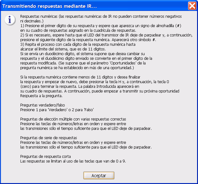 Instrucciones para transmitir respuestas a diferentes tipos de preguntas mediante un transmisor de IR
