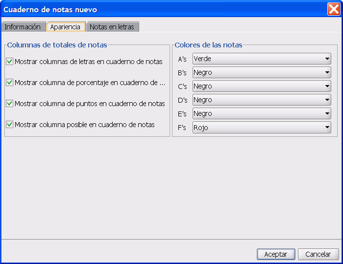 La pestaa Apariencia de Cuaderno de notas nuevo