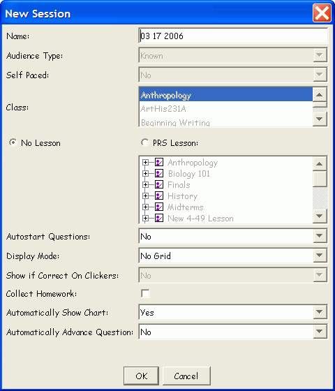 The New Session dialog for an RF Class
